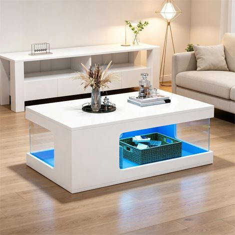 Table basse de salon 50 × 100 × 35 cm, table à thé ajourée, grande table basse brillante avec étagères en verre trempé des deux côtés, table d'appoint lumineuse avec bande LED intégrée, couleur blanch (1/5)