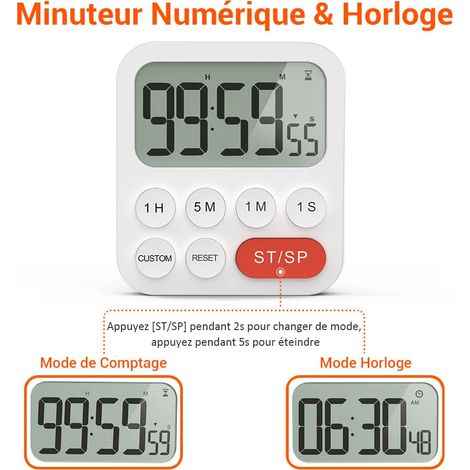 Minuterie de cuisine, chronomètre numérique et compte à rebours avec mode personnalisé, 3 niveaux de volume pour examen,