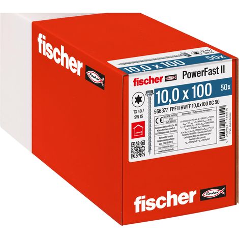Tirefond PowerFast FPF II HWTF 10,0x100 revêtement zingué, Filetage Total, tête hexagonale avec Empreinte Torx/Boîte de 50 (1/4)