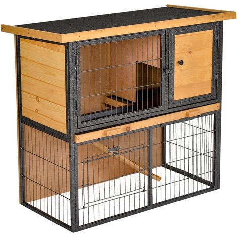Kleintierstall erhöhtes Haustier Haus Käfig mit verschließbarer Tür aus Holz-Metall in Hellgelb 89,5 x 45 x 81 cm für Kaninchen & Meerschweinchen (1/5)