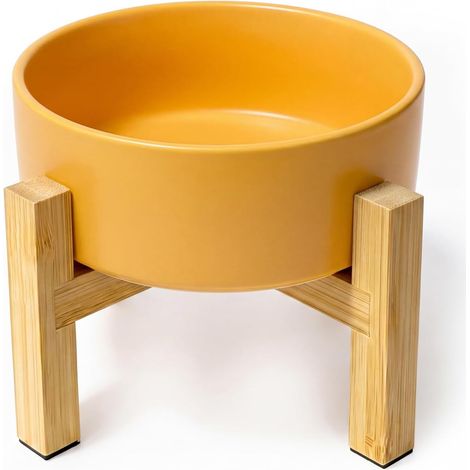 Gamelle surélevée en céramique 400 ml avec support en bambou, bol chat sur pied jaune (1/5)