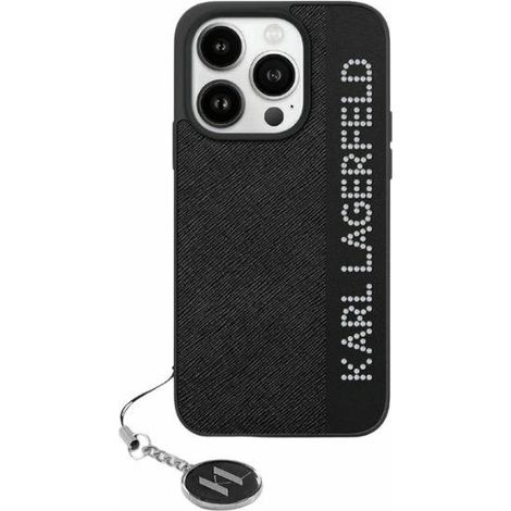 Karl Lagerfeld KLHCP15SPSAKDGCK iPhone 15 / 14 / 13 6,1 Zoll schwarzes/schwarzes Hardcase mit Saffiano-Strasssteinen und Anhänger