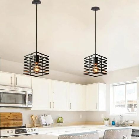 U-Do 2Pcs Suspension Luminaire design Vintage Lustre Cage en Fer Noir E27 Lampe Ajustable Industriel pour Cuisine Couloir Bar (1/4)