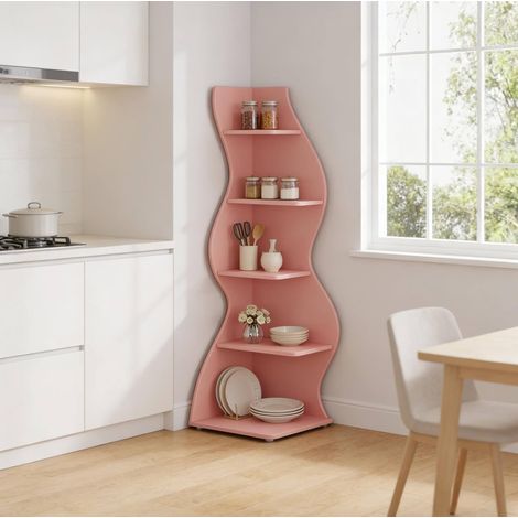 Libreria angolare 60x35x180 cm, 5 ripiani salvaspazio, per libri e decorazioni, legno rosa (1/5)