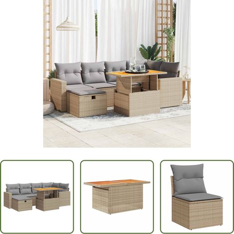 Gartentisch - 8-tlg. Garten-Sofagarnitur mit Kissen Beige Poly Rattan Akazie (1/5)