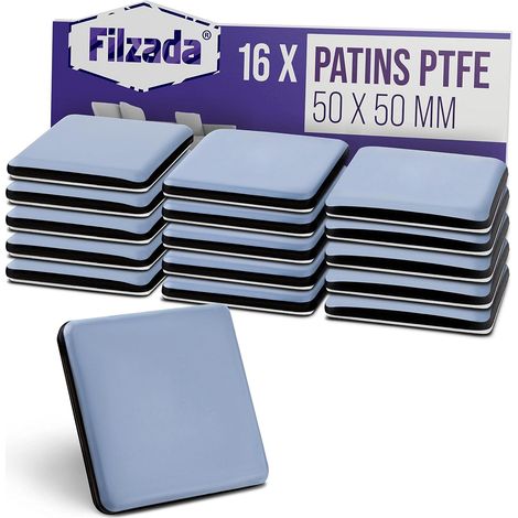 16 quadratische Gleiter (50 x 50 mm) – selbstklebend, PTFE – geräuscharmer Bodenschutz – für schwere Möbel und Stühle – Schwarz (1/5)