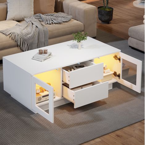 Mesa de centro LED de 100x50x40 cm con 2 cajones y 2 armarios, control por aplicación, MDF blanco (1/5)