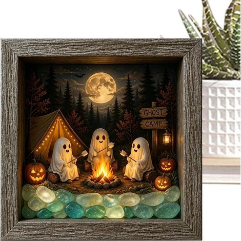 Cadre photo lumineux d'Halloween en bois style vintage avec éclairage LED et effet 3D – Décoration de maison hantée (1/5)