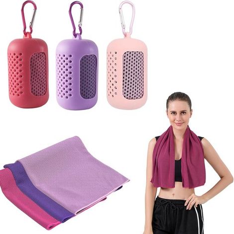 Lot de 3 serviettes rafraîchissantes de sport, 30 x 90 cm, avec sac en silicone, séchage rapide, pour yoga/sport/camping, rose/violet. (1/5)