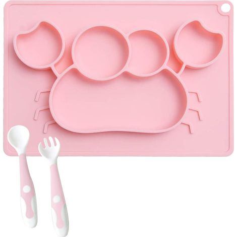 Tapis de table pour bébé avec cuillère et fourchette - tapis de table antidérapant en silicone avec ventouse pour les tout-petits, sans BPA