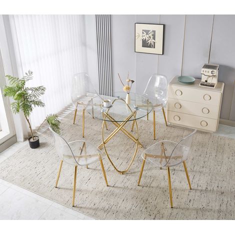 Ensemble de salle à manger 1 table + 4 chaises en métal et velours doré, dossier haut ergonomique (1/5)