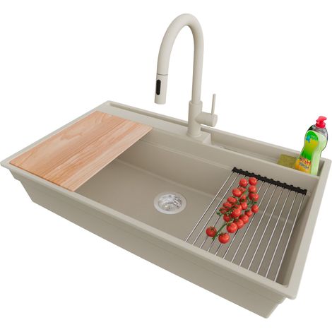 PRIMAGRAN Evier Cuisine en Granit 88x53cm,Lavabo 1 bac + Robinet 40x20cm + Kit de Vidage + Accessoires, Évier à Encastrer au meuble 90cm - Oslo Pocket, Beige (1/5)