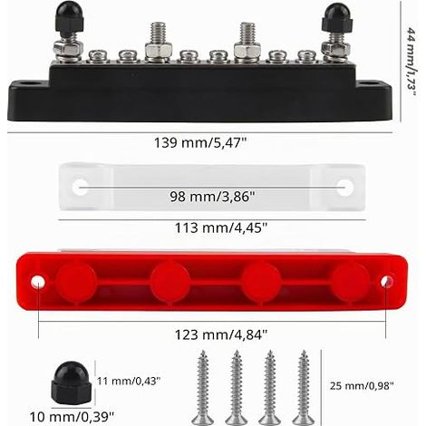Electrical Power Distribution Terminal Block 12V-48V DC BusBar 150A with 6 x M4 Terminal Bolts and 4 x M6 Connectors for Car Truck Yacht Boat (Red, Black) (1/4)