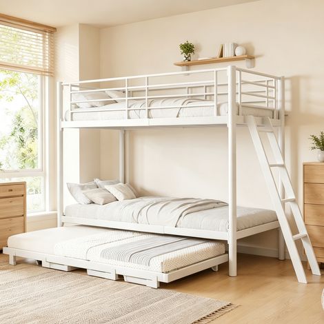 Lit superposé 90x200 cm avec lit gigogne, lit enfant gain de place avec couchage d'appoint extensible, structure en métal, blanc (1/5)