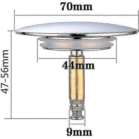 Bouchon de baignoire, 70 mm, à double joint, réglable en hauteur, universel, pour robinet d'évier, en laiton trempé chromé. (1/4)