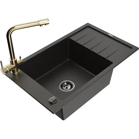 Mexen Elias lavello in granito a 1 vasca con scolapiatti e rubinetto da cucina Duero, nero/oro metallizzato (1/5)