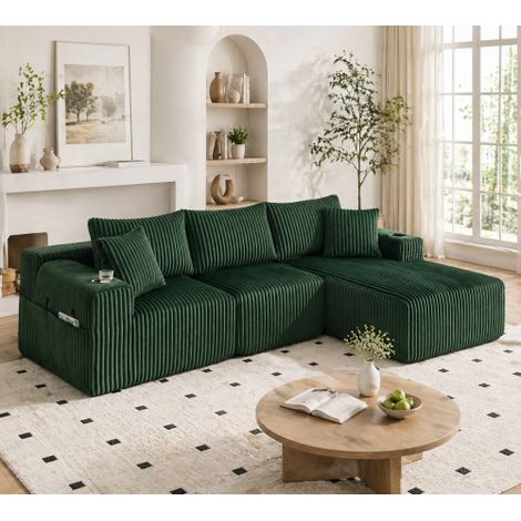 Modulares Sofa Set mit Chaiselongue & 2-Sitzer, weicher Cordbezug, mit 5 Kissen, seitliche Taschen & Getränkehalter, hochdichter Schaumstoff, DIY-Kombination, Ideal für Wohnzimmer, Apartment & Studio.