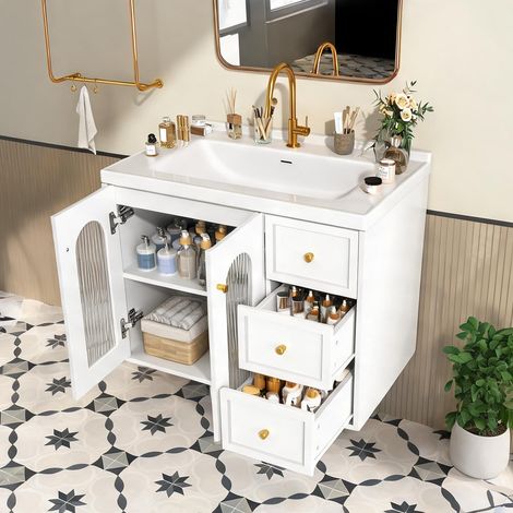 Vasque en céramique blanc 80 cm meuble suspendu MDF coloris blanc (1/5)
