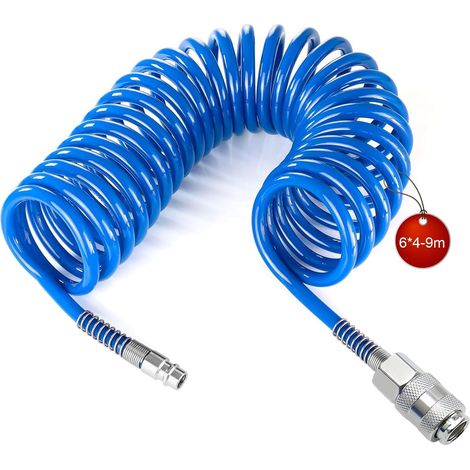 9m Compressed Air Hose, Spiral Air Compressor Hose, Diameter 6x4 mm Flexible Air Compressor, Blue, with Connector, for Home, Workshop, Auto Repair Shop (1/5)