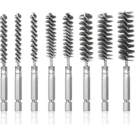 Set of 8 stainless steel wire brushes for drills – Cleaning brushes with hexagonal shank for effective polishing and degreasing. (1/5)