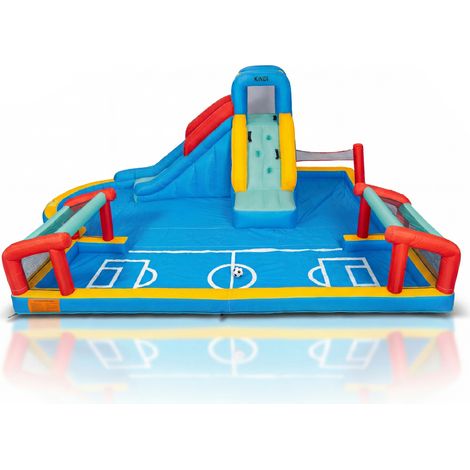 KiNDi DPZ015 Terrain de jeu gonflable avec toboggan aquatique et zone sportive 530x390x210 cm PVC, ventilateur 450W, pour 3 enfants, multicolore