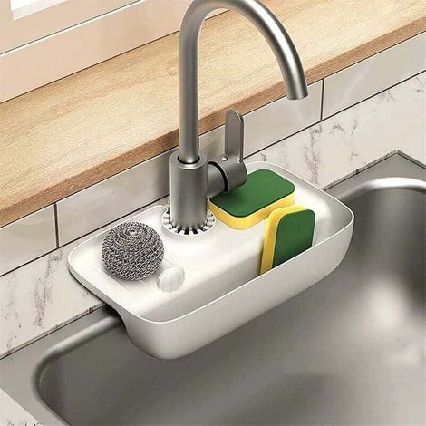 Tapis anti-goutte avec poignée de robinet en silicone avec porte-éponge, porte-éponge pour évier de cuisine, tapis de séchage pour comptoir de cuisine et salle de bain (blanc) (1/4)