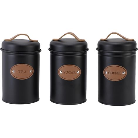 Lot de 3 Boîtes de Rangement Hermétiques en Fer Noir avec Couvercle en Cuir PU, Design Élégant avec Poignée et Étiquette, Idéal pour Café Thé Sucre, 15.5x10.4cm (1/5)