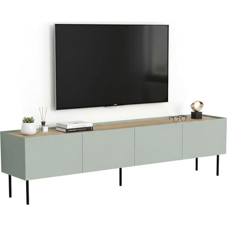 Mobile porta TV Scopa, Madia da salotto con quattro ante battenti e quattro vani interni, Rialzato da terra, 200x40 h52 cm, Verde e Rovere