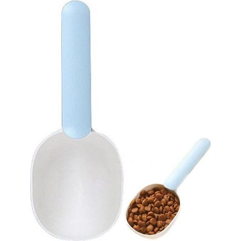 Pelle à céréales pour animaux de compagnie en plastique robuste 2 en 1 avec tasse à mesurer à pince pour sacs de nourriture pour chiens et chats (blanc bleu) (1/5)