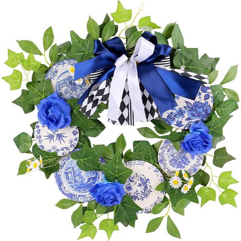 Plaque Bois - Guirlande Porcelaine Bleu Blanc - Décoration Extérieure Cour Jardin Porte Mur - Pour Fête Maison Événement - 1 Pièce (1/5)