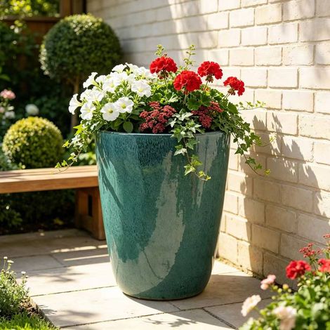 Pot de fleurs en céramique diamètre38,5xH49,5 cm bleu aqua, drainage, style moderne pour jardin FloraGrace (1/5)