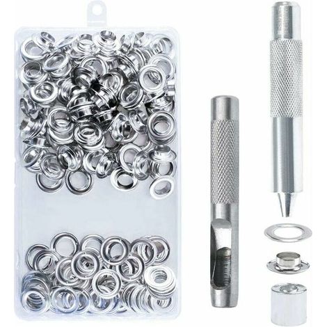 Set di 100 occhielli da 14 mm, kit di occhielli, strumenti per occhielli, kit di occhielli in metallo con strumenti per occhielli per teloni e tende. (1/4)