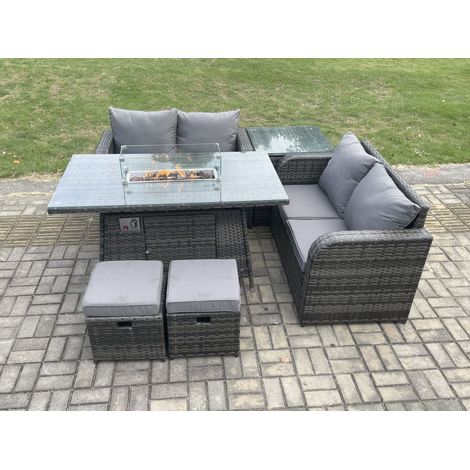 Fimous Rattan Gartenmöbel Set mit Gas Feuergrube Tisch 6-Stücke Outdoor Loveseat Sofa Set Dunkelgrau Gemischt (1/5)