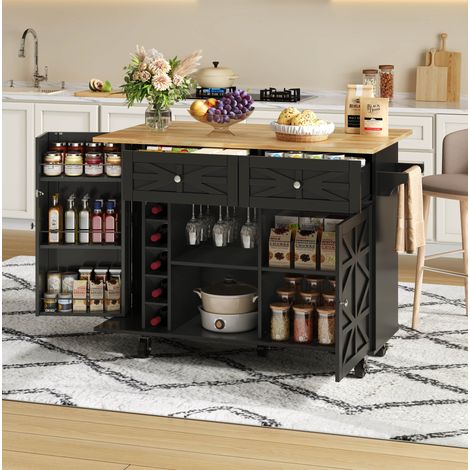 Mueble de cocina isla móvil con tablero abatible, 120 x 45/70 x 89 cm, negro OKMYHOME (1/5)