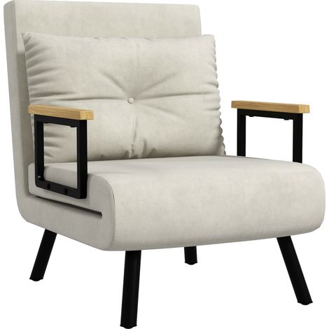 Poltrona Letto 3 in 1 con Schienale Reclinabile e Cuscino, in Tessuto Effetto Velluto, 63x73x81 cm, Crema