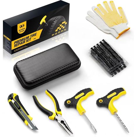 Kit de réparation de pneus tubeless 27 pièces, auto et moto, avec étui 20 mèches, outils à poignée en T, gants, pince, cutter et étui pour pneus tubeless de voiture, moto et utilitaire (1/5)