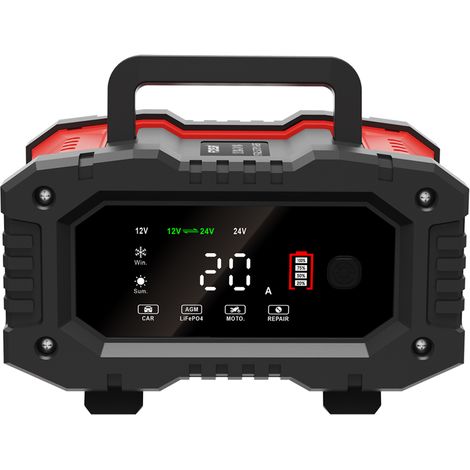 FOXSUR Chargeurs de batterie entièrement automatiques 300 W 12 V/20 A 24 V/10 A avec affichage numérique LCD pour voiture, camion, moto, SUV, bateau, batteries au plomb