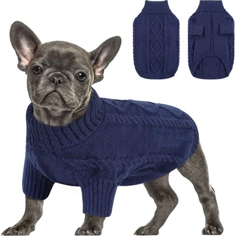 Pull Chien Petite Taille Bouledogue Français Chaud Pull-Overs pour Chiens Chihuahua Manteau Teckel Vetement Chat d'hiver Bleu foncé S (1/5)