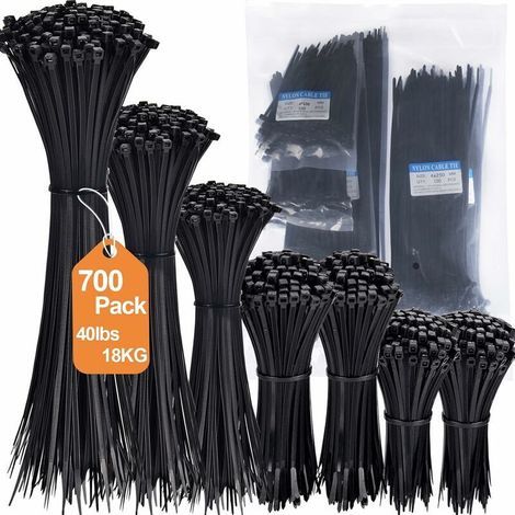 700 Pièces Colliers de Serrage en Nylon 3.6mm x 100/150/200/250/300mm - Serre-Câbles Noirs Robustes pour Maison, Bureau, Jardinage et Atelier - Résistants aux UV (1/4)