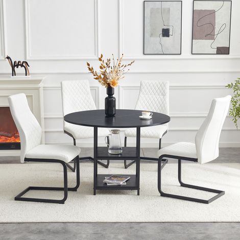 DESMIU Table de salle à manger ronde avec 2 niches et 4 chaises, style industriel, pour salle à manger, MDF et métal, noir et blanc (1/5)