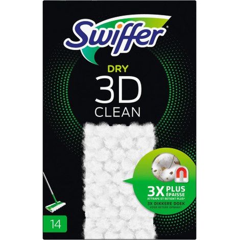 Lingettes sèches 3D Clean – Boîte de 14 recharges – Ultra-absorbantes pour sols durs – Attrape poussière et saleté dans les joints – Swiffer