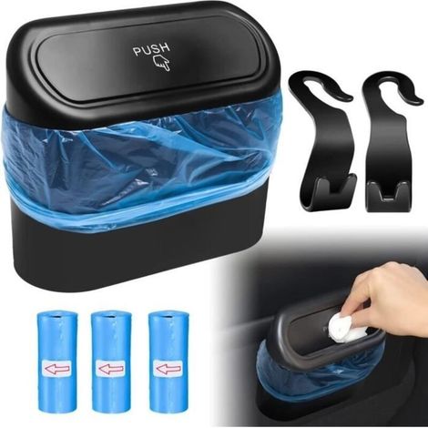 Car Trash Can, Portable Car Storage Box with Trash Bags and 2 Car Headrest Hooks (Black) (1/4)