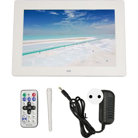 Cadre photo numérique 10 pouces, écran IPS HD 1280x800, affichage pivotant, télécommande incluse, blanc, prise UE 100-240V. (1/5)