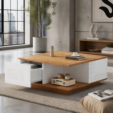 Mesa baja cuadrada 70 x 70 cm con 3 cajones y almacenaje semiabierto, blanco y madera DESVIAE (1/5)