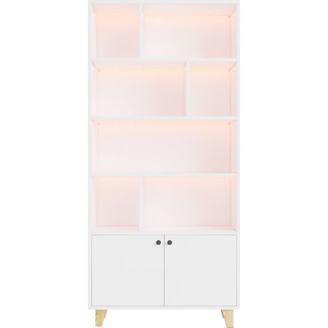 ELVMI Libreria con 2 Ante, 7 Vani e LED con Controllo tramite App, per Soggiorno in Legno massello e MDF 80 × 30 × 173 cm Bianca (1/5)
