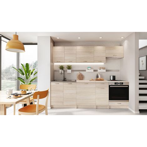 Pegane – Cuisine complète 8 éléments sonoma avec plan de travail beige – Longueur 240 cm – Panneau de particules 16mm – Meubles livrés en kit (1/5)