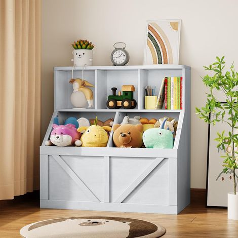 Meuble rangement jouets blanc vintage pour tout-petits, bibliothèque avec armoire et casiers, pour salle de jeux et crèche (1/5)