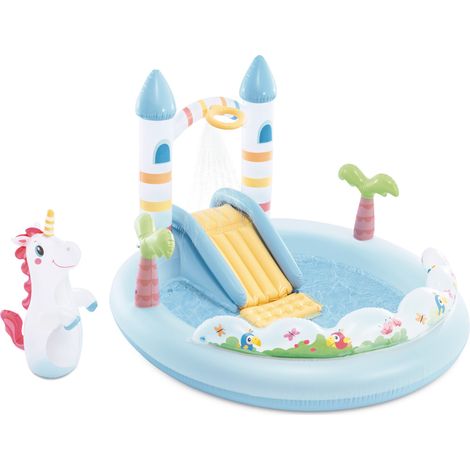Intex – Château gonflable licorne avec toboggan aquatique – Fonction pulvérisation – Dimensions 1,96 x 1,78 x 1,27 m – Limite de poids 54 kg