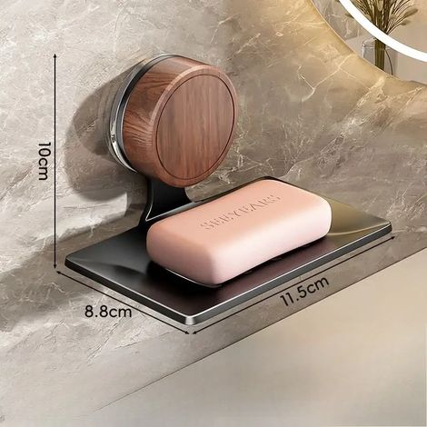 Porte-savon mural en noyer noir, style nordique, sans perçage. Fixation par ventouse. Porte-savon pour salle de bain et toilettes. (1/5)
