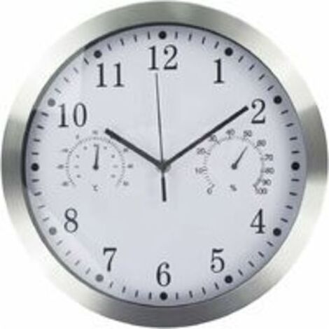 Vtizikl Horloge murale ronde à quartz, horloge murale intérieure silencieuse en aluminium avec thermomètre et hygromètre pour salon, cuisine, bureau (blanc) (1/4)